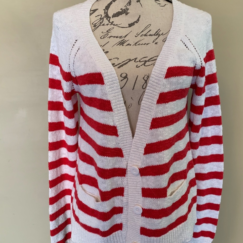 American Eagle Red and White Striped Cardigan